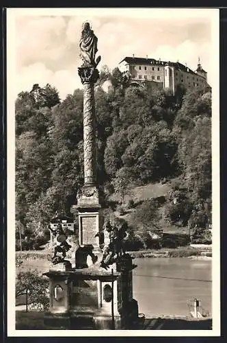 AK Neuburg / Donau, Blick zum Schloss mit Mariensäule