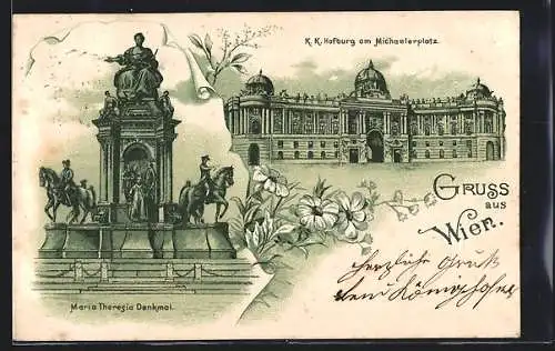Lithographie Wien, Maria Theresia Denkmal, K. k. Hofburg am Michaelerplatz