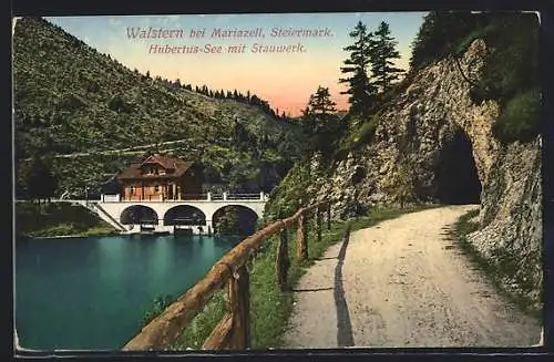 AK Mariazell, Walstern, Hubertus-See mit Stauwerk, Strassentunnel