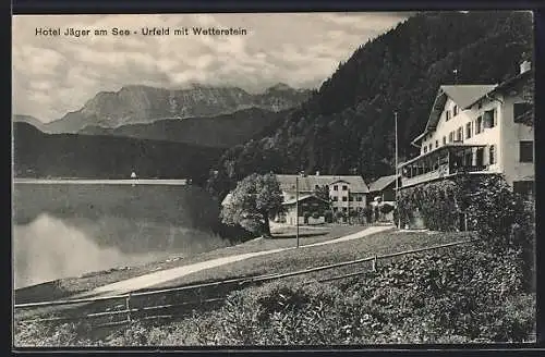 AK Urfeld / Walchensee, Hotel Jäger am See mit Wetterstein