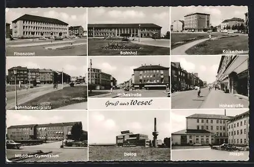 AK Wesel / Rhein, Bahnhof, Hohestrasse, Finanzamt, Hotel Kaiserhof, Mädchen-Gymnasium, Hospiz