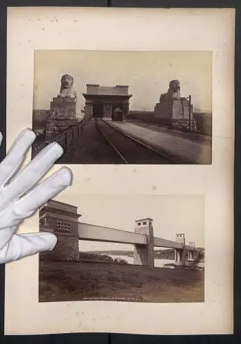 2 Fotografien unbekannter Fotograf, Ansicht Bangor (Wales), Blick z. Britanniabrücke, Britannian Bridge, Eisenbahnbrücke