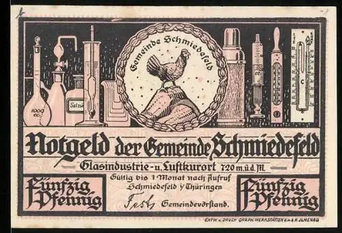 Notgeld Schmiedefeld i. Thür., 50 Pfennig, Forstwirtschaft, Pferde ziehen Baumstämme