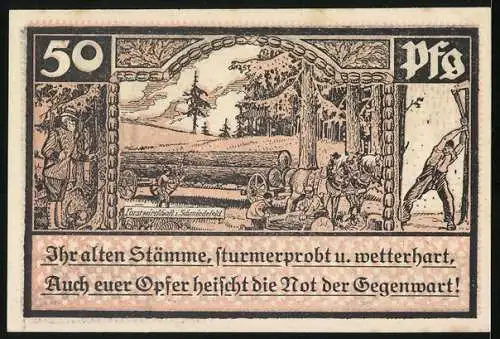 Notgeld Schmiedefeld i. Thür., 50 Pfennig, Forstwirtschaft, Pferde ziehen Baumstämme