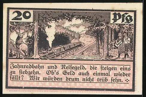 Notgeld Schmiedefeld i. Thür., 20 Pfennig, Zahnradbahn am Rennsteig