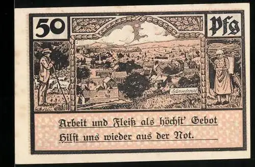 Notgeld Schmiedefeld i. Thür., 50 Pfennig, Ortsansicht vom Hügel aus
