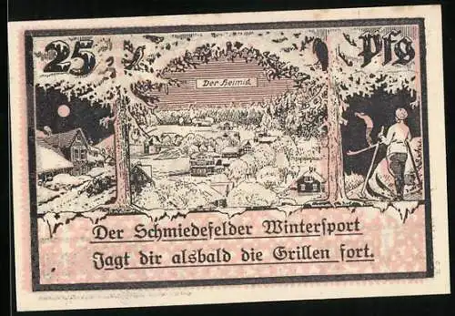 Notgeld Schmiedefeld i. Thür., 20 Pfennig, Ortsansicht im Schnee