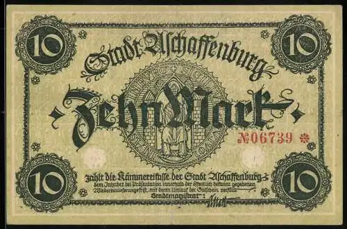 Notgeld Aschaffenburg, 10 Mark, Flusspartie mit Blick zum Schloss