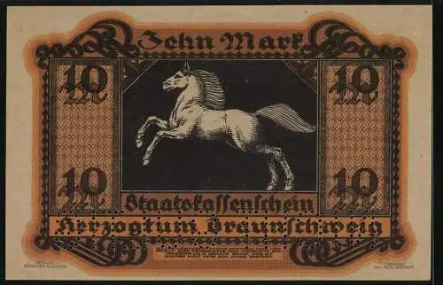 Notgeld Braunschweig 1918, 10 Mark, Weisses Pferd auf den Hinterbeinen