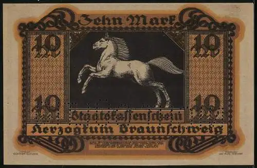 Notgeld Braunschweig 1918, 10 Mark, Weisses Ross auf den Hinterbeinen