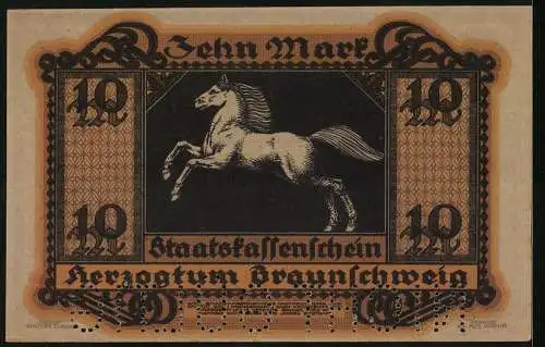 Notgeld Braunschweig 1918, 10 Mark, Weisses Ross mit wehender Mähne