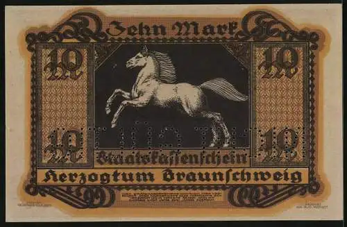 Notgeld Braunschweig 1918, 10 Mark, Weisses Ross mit wehender Mähne