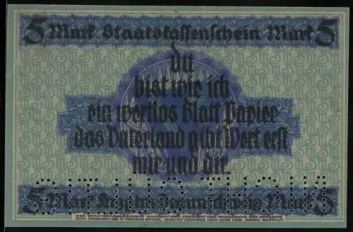 Notgeld Braunschweig 1918, 5 Mark, Das Vaterland ist wertstiftend, Spruch