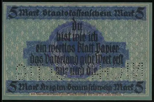 Notgeld Braunschweig 1918, 5 Mark, Das wertstiftende Vaterland, Spruch