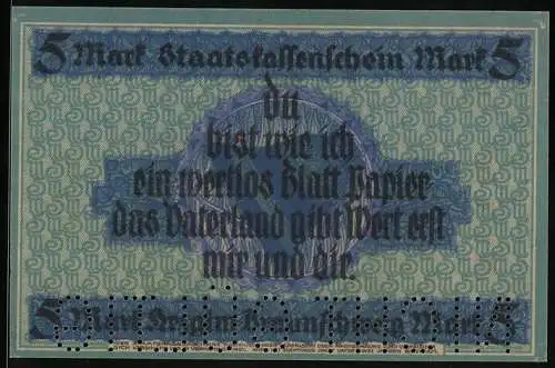 Notgeld Braunschweig 1918, 5 Mark, Spruch, Das wertstiftende Vaterland