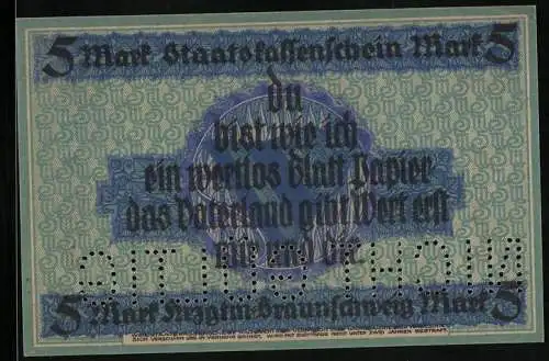 Notgeld Braunschweig 1918, 5 Mark, Spruch, Das Vaterland stiftet Wert