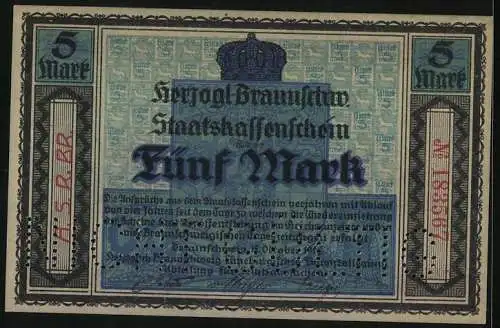 Notgeld Braunschweig 1918, 5 Mark, Spruch, Das Vaterland stiftet Wert