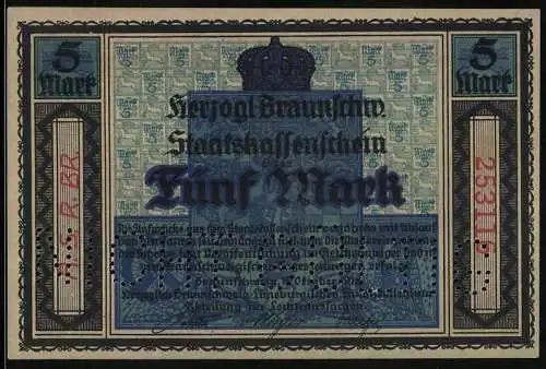 Notgeld Braunschweig 1918, 5 Mark, Patriotischer Spruch zum Vaterland