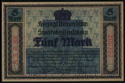 Notgeld Braunschweig 1918, 5 Mark, Patriotischer Spruch zum Vaterland
