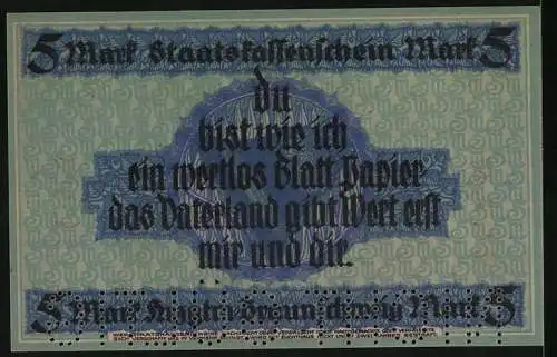 Notgeld Braunschweig 1918, 5 Mark, Vaterlands-Spruch