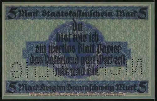Notgeld Braunschweig 1918, 5 Mark, Vaterlandsspruch