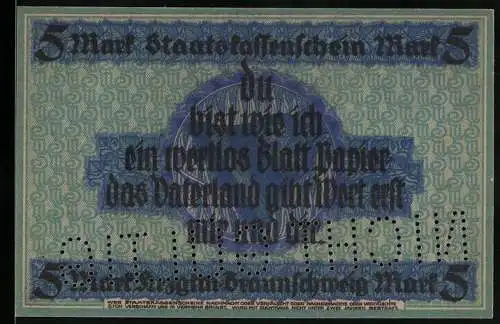 Notgeld Braunschweig 1918, 5 Mark, Patriotischer Spruch