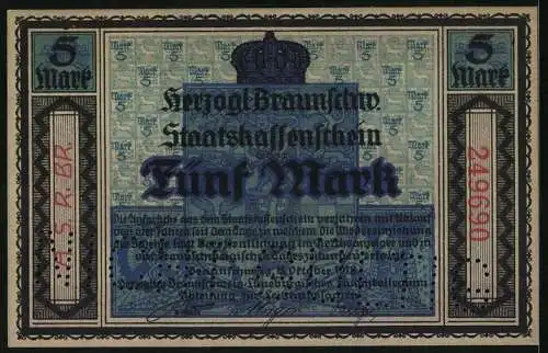 Notgeld Braunschweig 1918, 5 Mark, Patriotischer Spruch