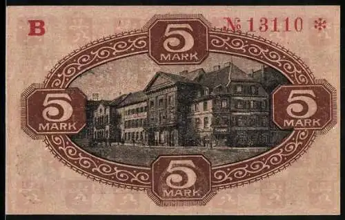 Notgeld Zweibrücken 1918, 5 Mark, Blick auf das Rathaus