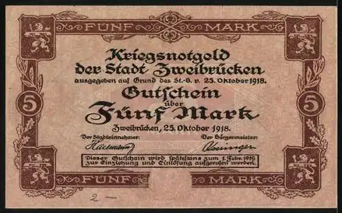 Notgeld Zweibrücken 1918, 5 Mark, Blick auf das Rathaus