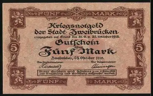 Notgeld Zweibrücken 1918, 5 Mark, Das Rathaus