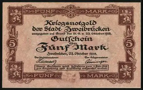 Notgeld Zweibrücken 1918, 5 Mark, Partie am Rathaus