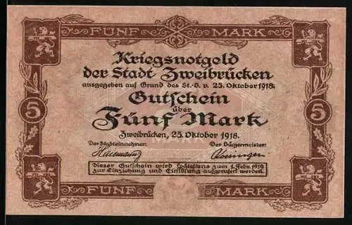 Notgeld Zweibrücken 1918, 5 Mark, Ansicht des Rathauses