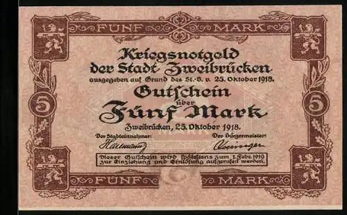 Notgeld Zweibrücken 1918, 5 Mark, Rathaus am Platz