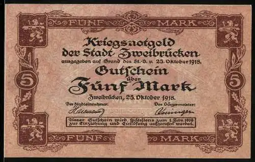 Notgeld Zweibrücken 1918, 5 Mark, Platzpartie am Rathaus