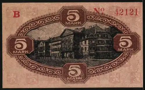 Notgeld Zweibrücken 1918, 5 Mark, Platzpartie am Rathaus