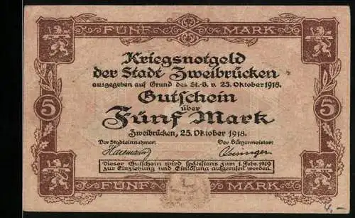Notgeld Zweibrücken 1918, 5 Mark, Das Rathaus