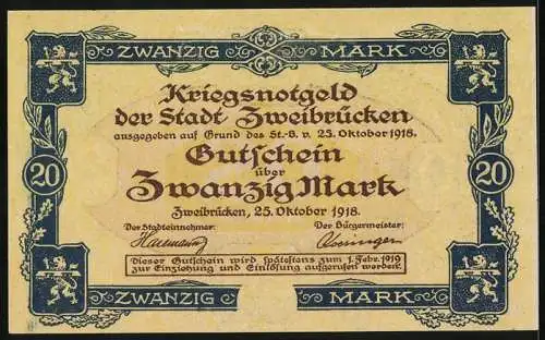 Notgeld Zweibrücken 1918, 20 Mark, Das Rathaus