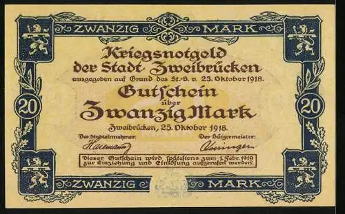 Notgeld Zweibrücken 1918, 20 Mark, Blick auf das Rathaus