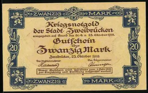 Notgeld Zweibrücken 1918, 20 Mark, Partie am Rathaus