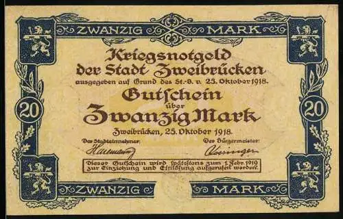 Notgeld Zweibrücken 1918, 20 Mark, Platzpartie am Rathaus