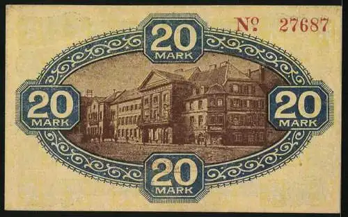 Notgeld Zweibrücken 1918, 20 Mark, Platzpartie am Rathaus