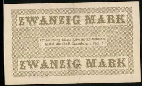 Notgeld Lauenburg i. Pom. 1918, 20 Mark, Kontroll-Nr. 025618