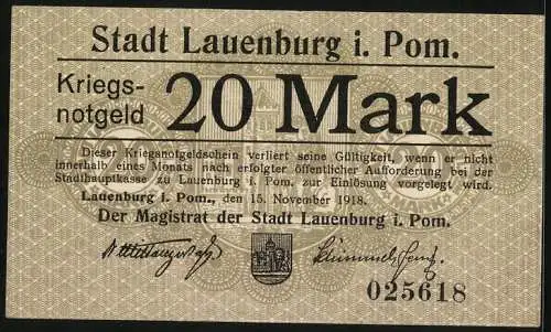 Notgeld Lauenburg i. Pom. 1918, 20 Mark, Kontroll-Nr. 025618
