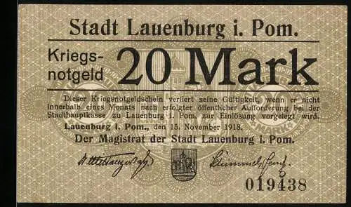 Notgeld Lauenburg i. Pom. 1918, 20 Mark, Kontroll-Nr. 019438