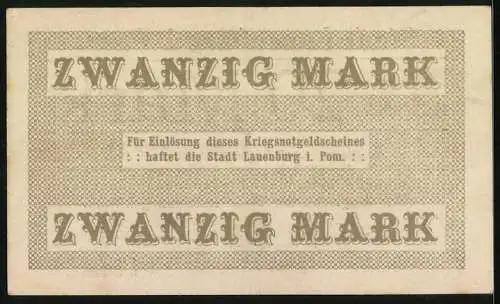 Notgeld Lauenburg i. Pom. 1918, 20 Mark, Kontroll-Nr. 019438