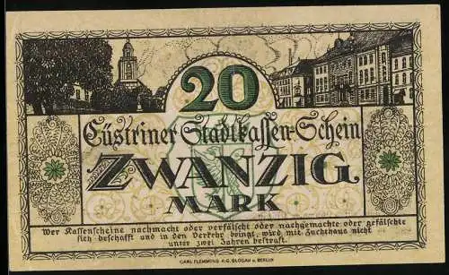 Notgeld Cüstrin 1918, 20 Mark, Platzpartie mit Blick zur Kirche