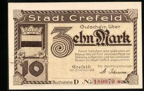 Notgeld Crefeld 1918, 10 Mark, Transportboot auf dem Fluss