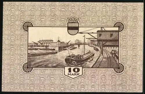 Notgeld Crefeld 1918, 10 Mark, Transportboot auf dem Fluss