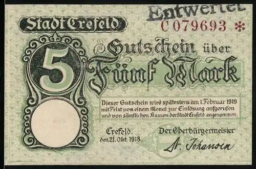 Notgeld Crefeld 1918, 5 Mark, Kontroll-Nr. C079693