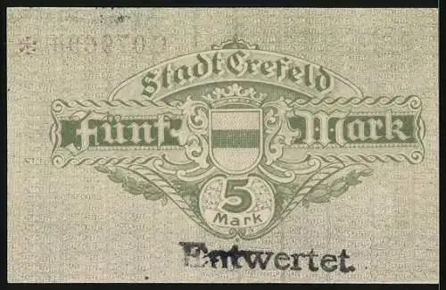 Notgeld Crefeld 1918, 5 Mark, Kontroll-Nr. C079693